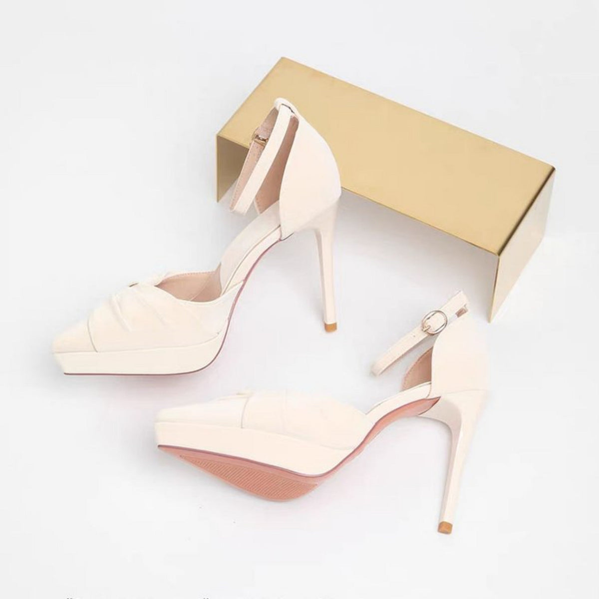 Women Pleated Square Toe Platform High Heels Ankle Strap Stiletto Pumps Wedding Party Dress Shoes