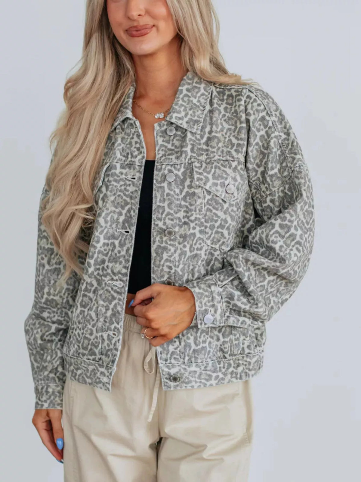 Leopard Button Up Denim Jacket