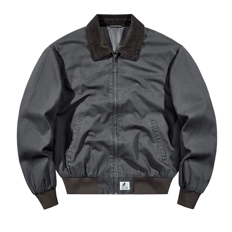 Spring And Autumn Washed Denim Work Jacket With Lapel For Young Men