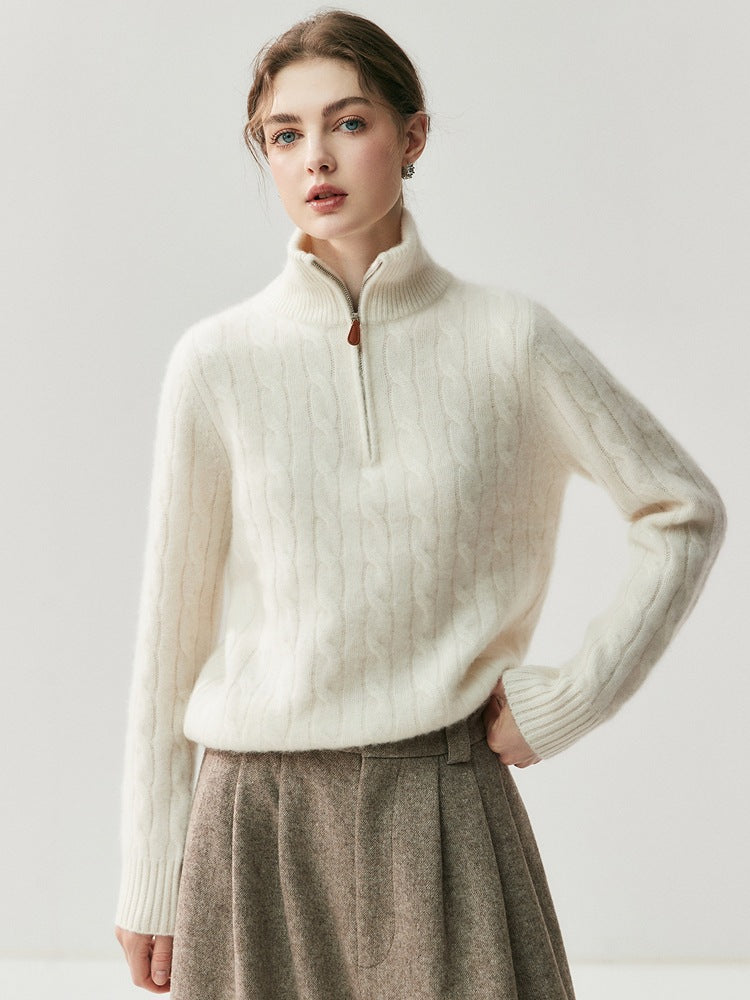 Half-Zip Cable-Knit High-Neck Goat Cashmere Sweater