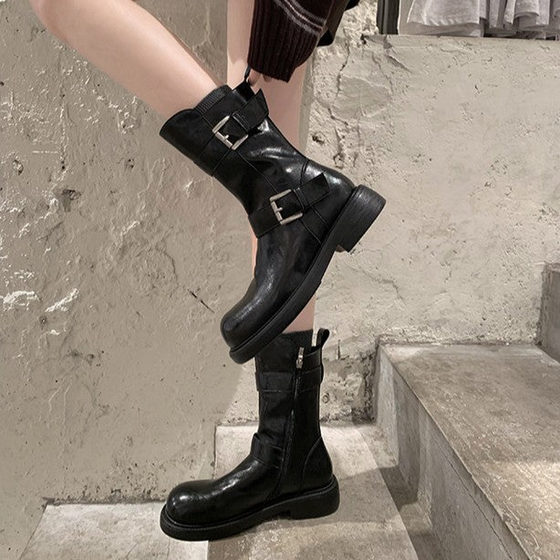 Womens Chunky-soled Equestrian Boots With Double Buckles And A Side Zipper