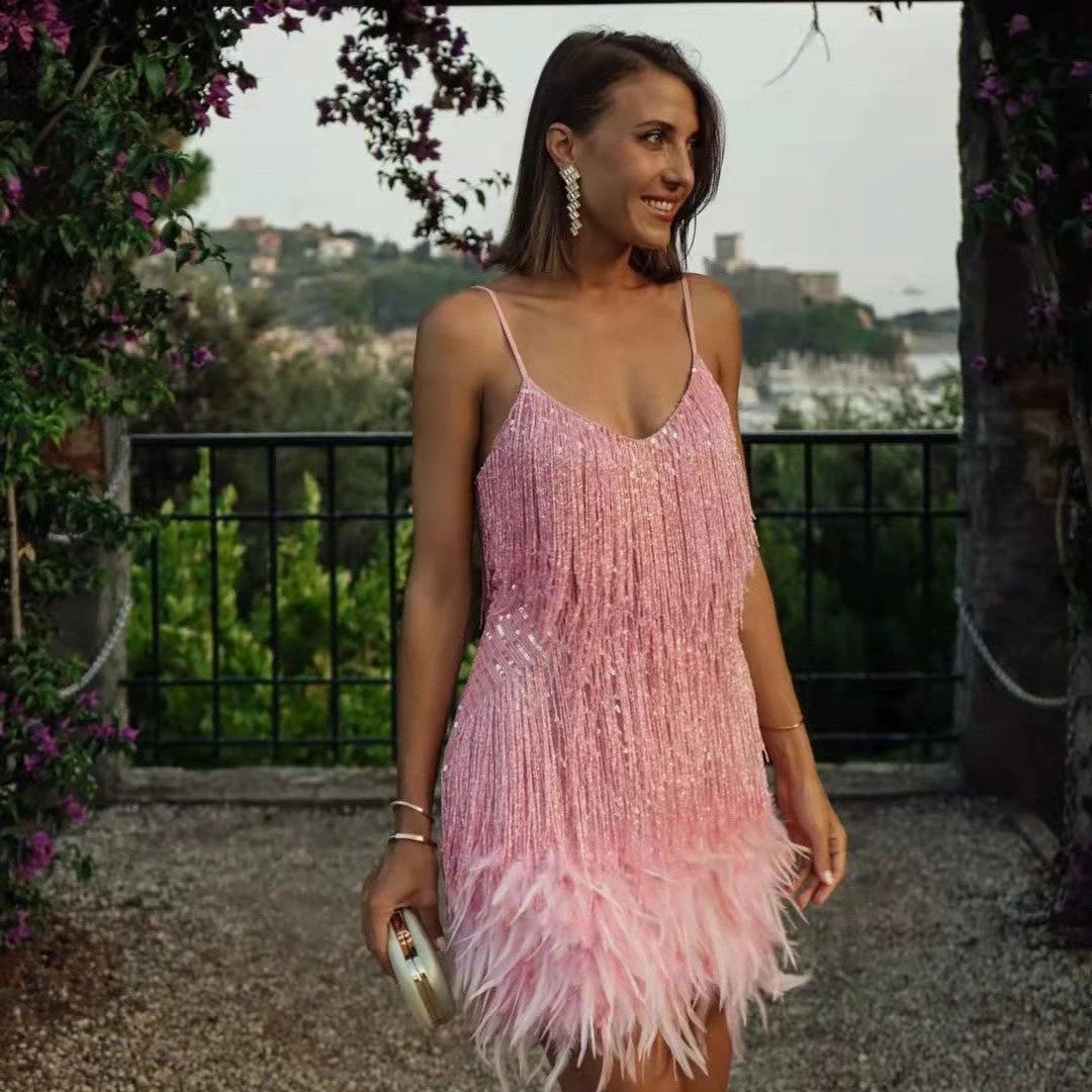 Sexy Tassel Sequins Feather Summer Mini Dress Women V Neck Spaghetti Strap Stitching Dresses Female Elegant Evening Party Club Dress
