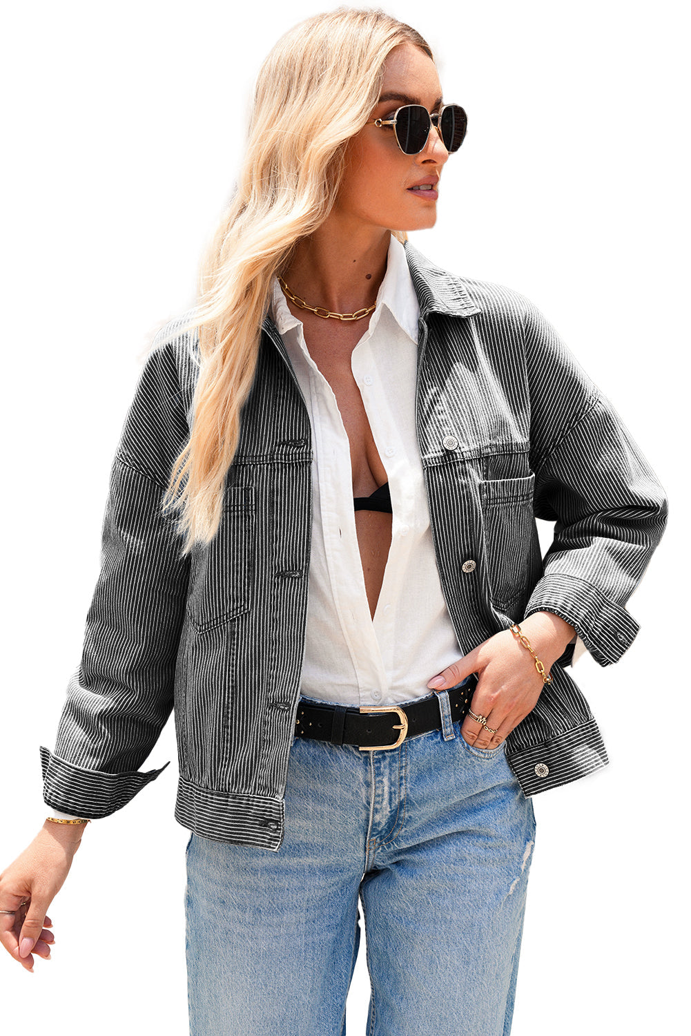Chaqueta vaquera oversize con bolsillo, lavada a la piedra, a rayas azules