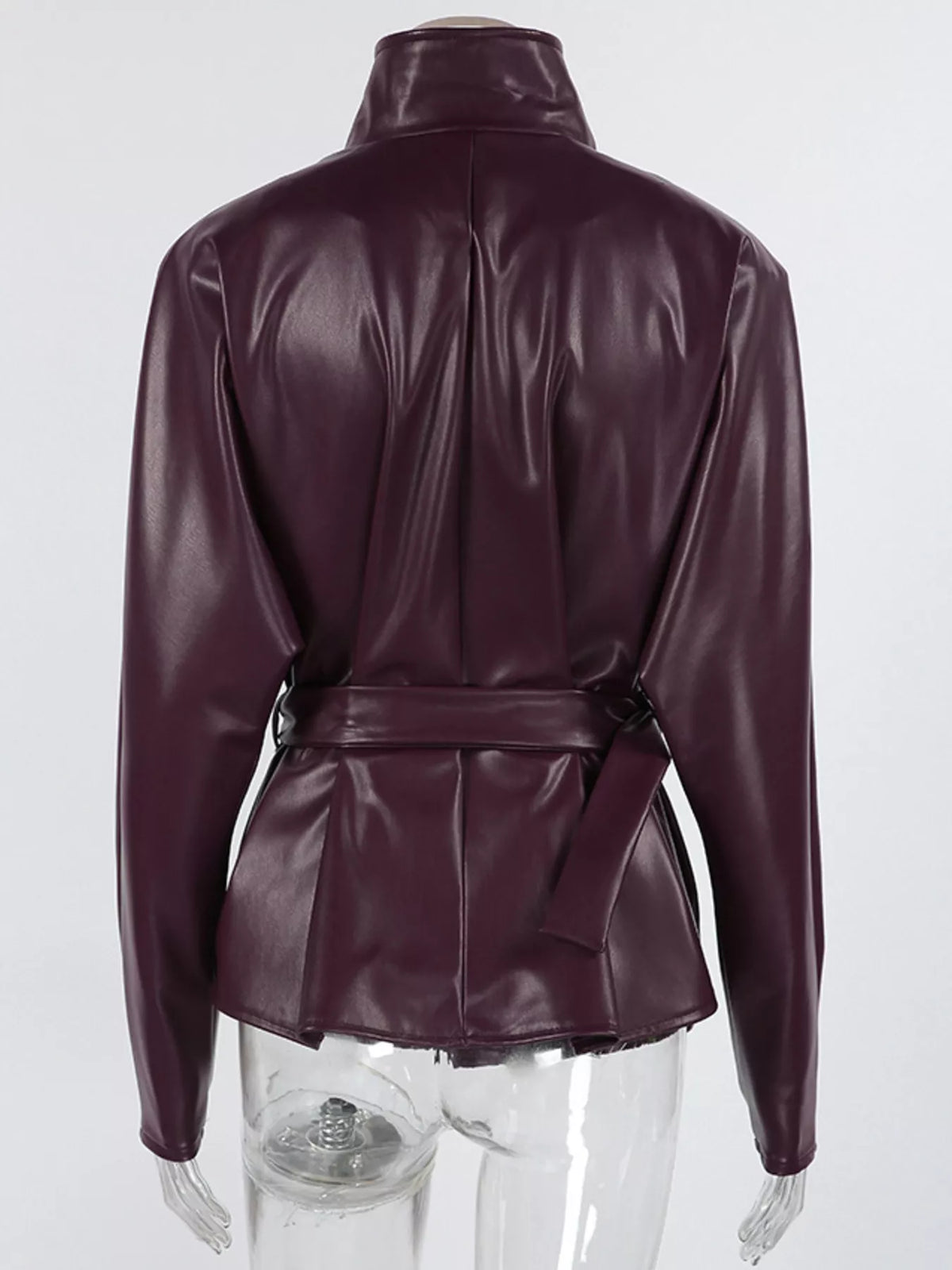 Stand Collar Belted Faux Leather Jacket