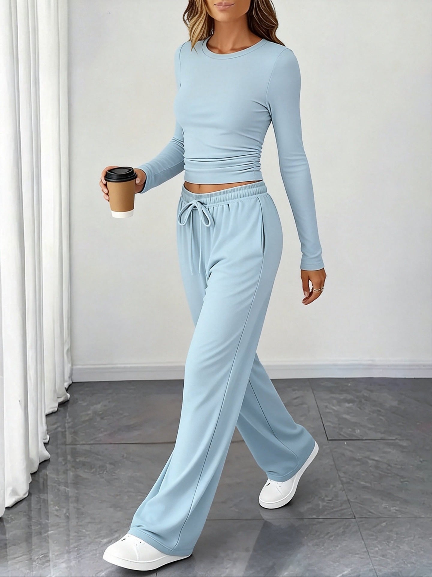 Amazon 2025 New European And American Style Slimming Waist-Cinching Fashionable Casual Suit Sports Yoga Spring And Summer Round Neck Long-Sleeved Women's Clothing