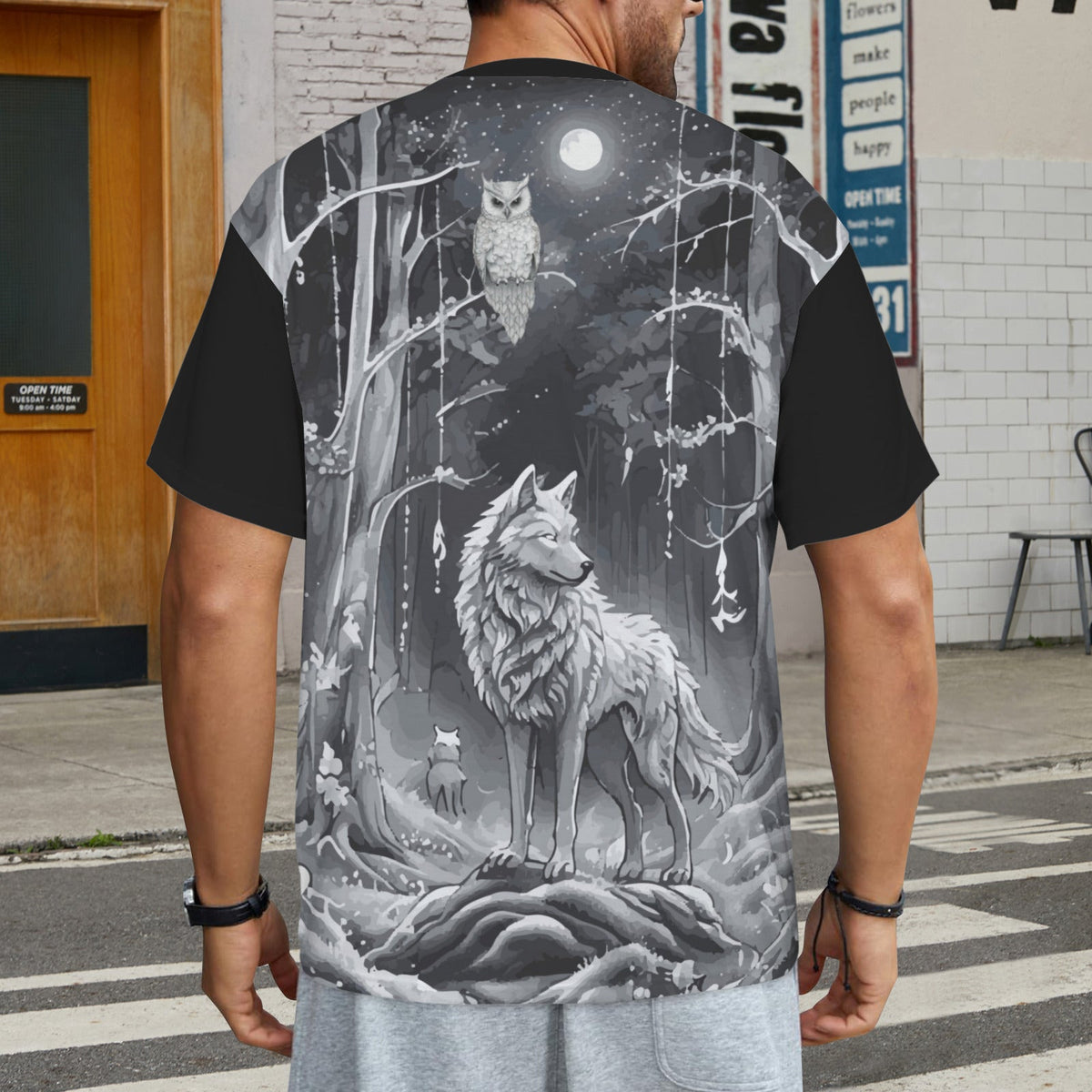 Men's Wolf in Moonlit Forest All Over Print Ribbed Collar T-Shirt