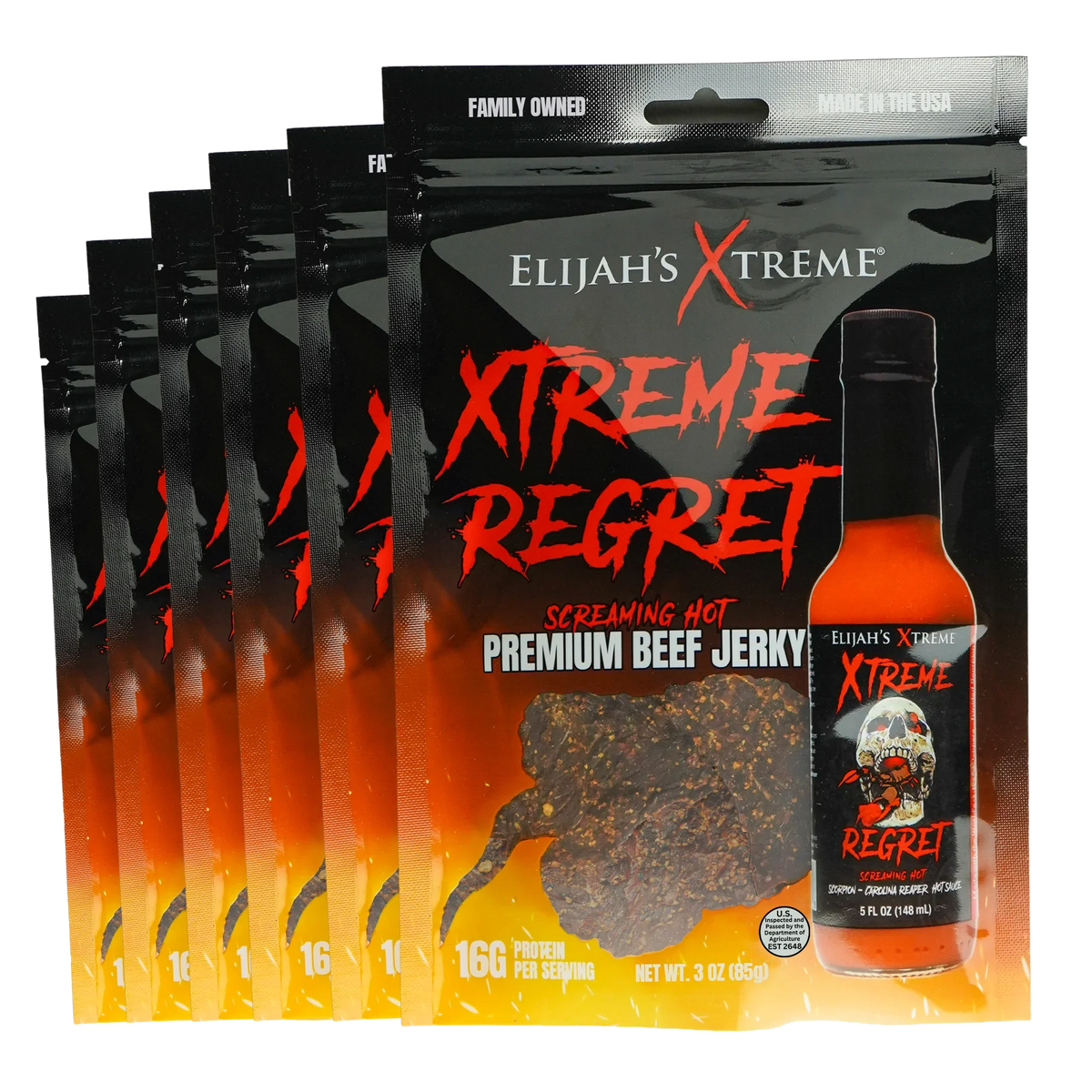 Cecina de res picante Xtreme Regret - 6 bolsas (1 libra)