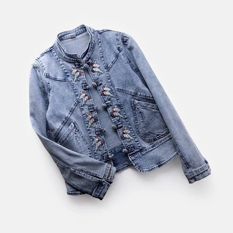 Embroidered Denim Jacket for Women | Loose Cropped Style - # GIAA23210009