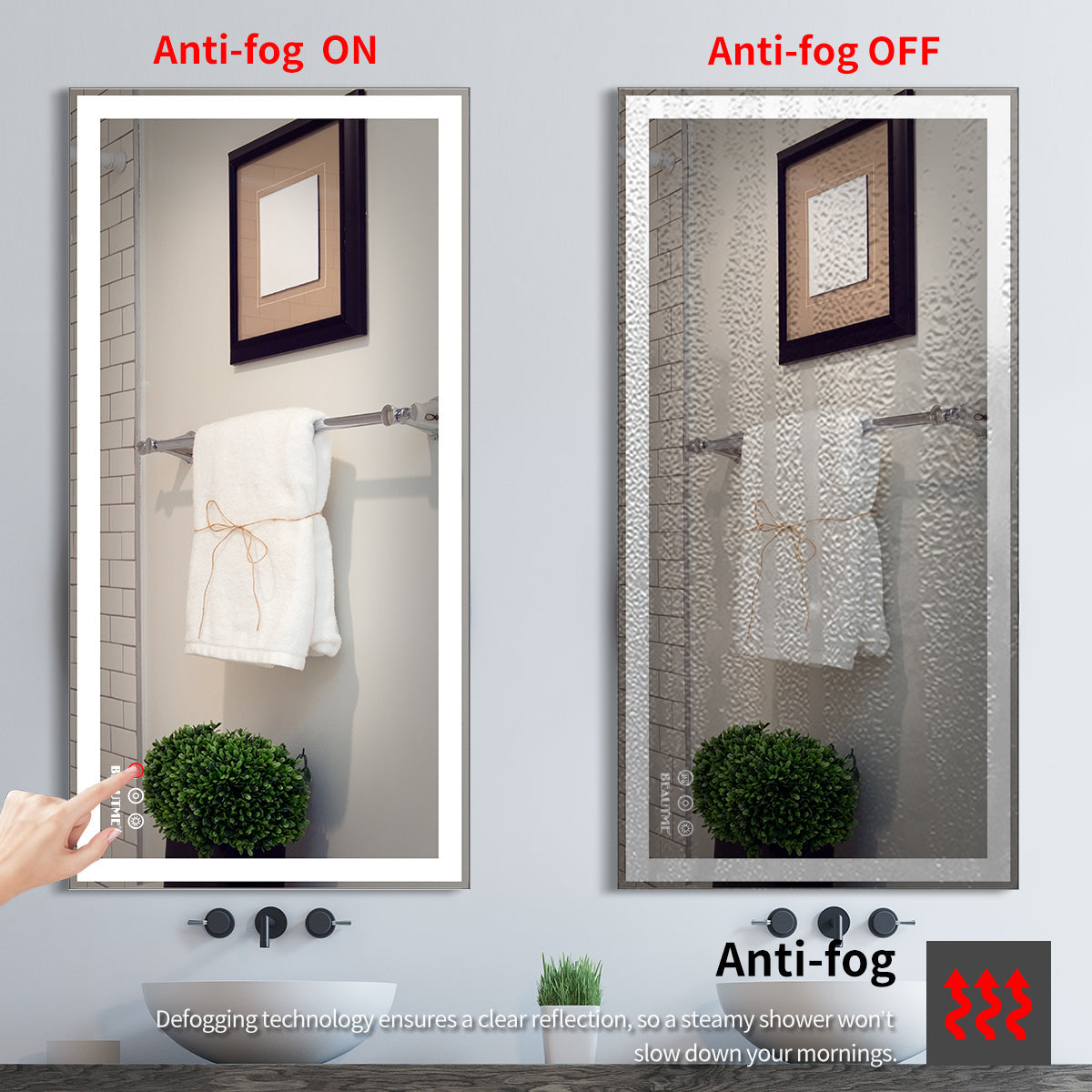 48x24 inch LED bathroom makeup mirror wall mounted adjustable light anti fog touch switch with memory intelligent large bathroom
