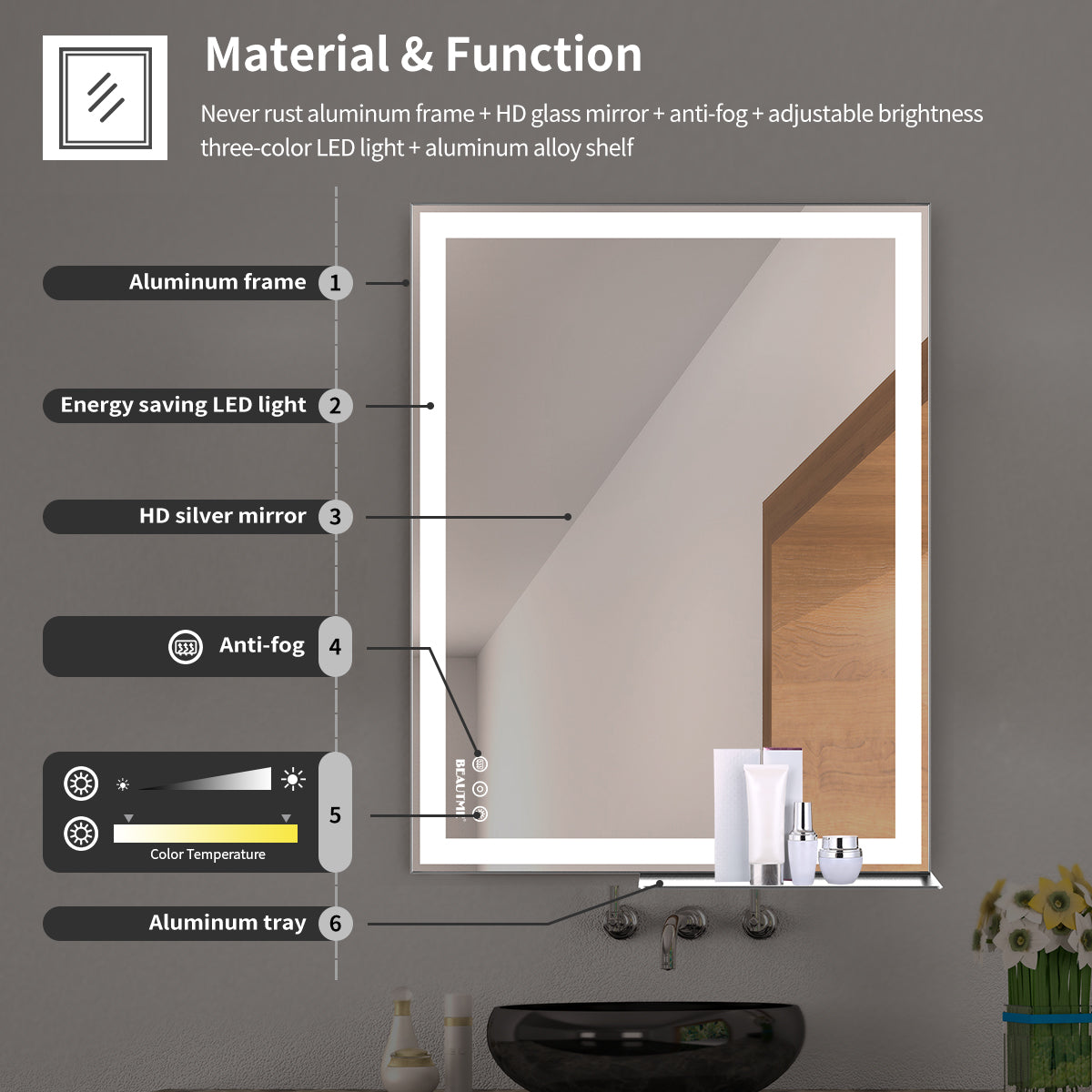48x24 inch LED bathroom makeup mirror wall mounted adjustable light anti fog touch switch with memory intelligent large bathroom