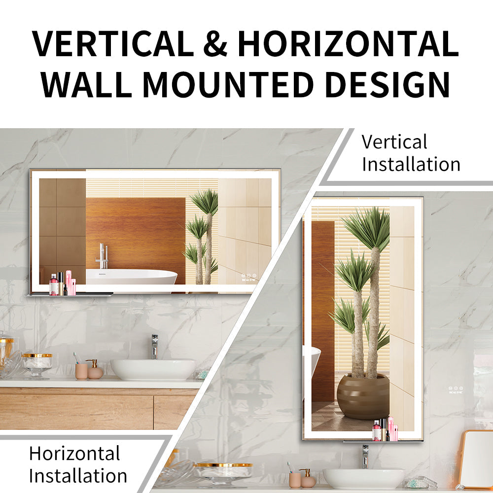48x24 inch LED bathroom makeup mirror wall mounted adjustable light anti fog touch switch with memory intelligent large bathroom
