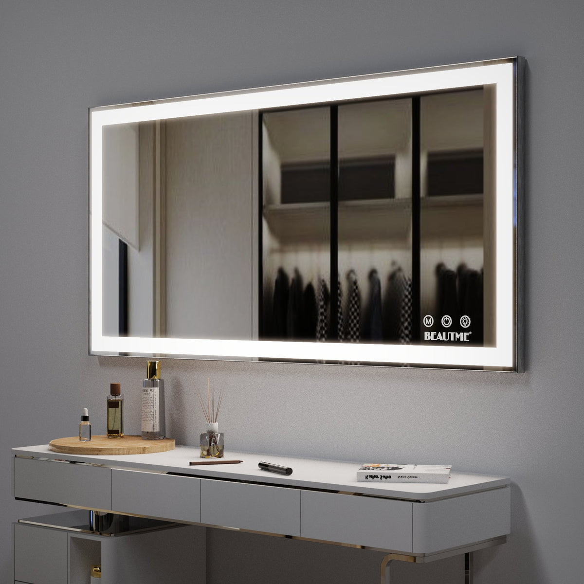 48x24 inch LED bathroom makeup mirror wall mounted adjustable light anti fog touch switch with memory intelligent large bathroom