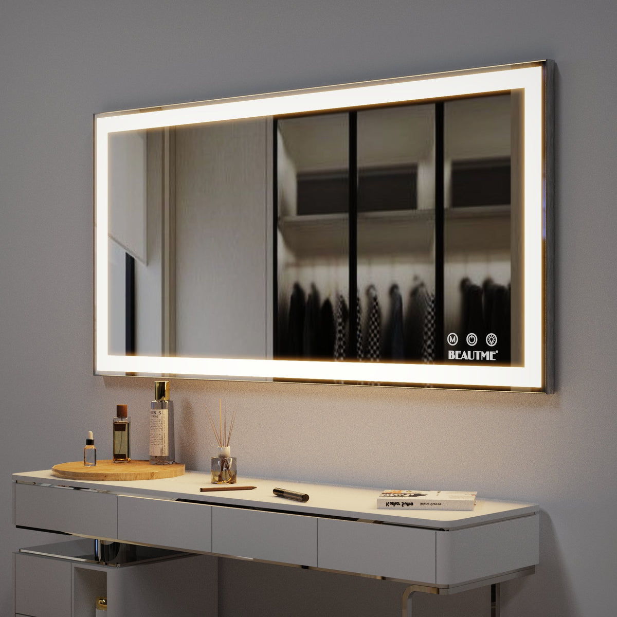 48x24 inch LED bathroom makeup mirror wall mounted adjustable light anti fog touch switch with memory intelligent large bathroom
