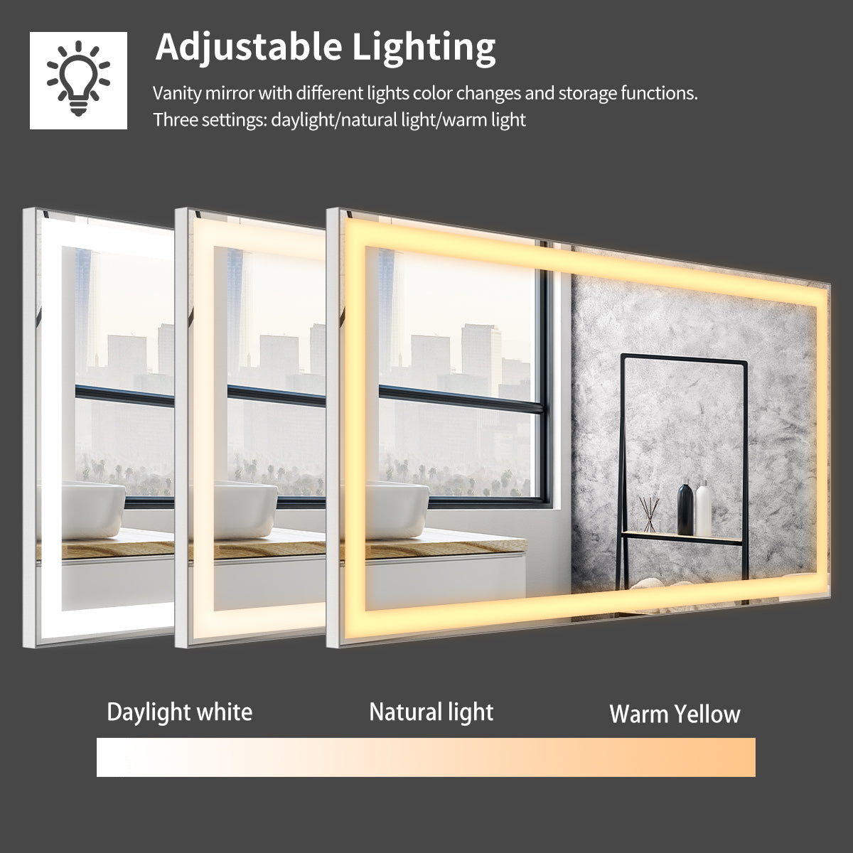 48x24 inch LED bathroom makeup mirror wall mounted adjustable light anti fog touch switch with memory intelligent large bathroom