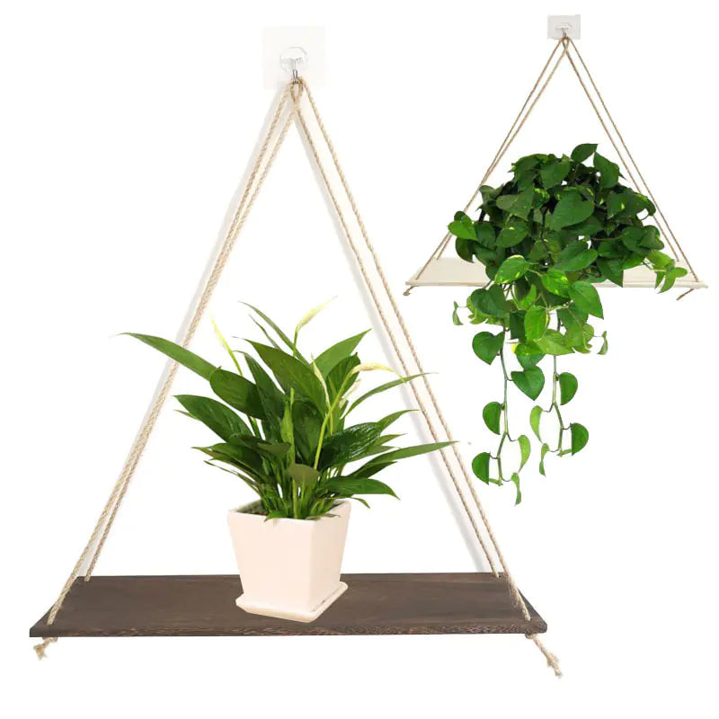 Wall-Mounted Wooden Shelf with Decorative Rope Planter