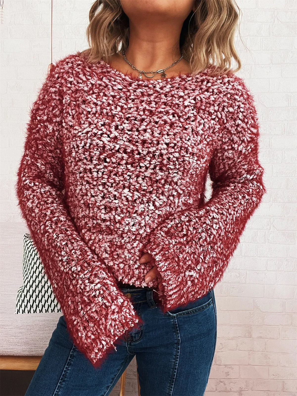 Crochet Round Neck Dropped Shoulder Sweater