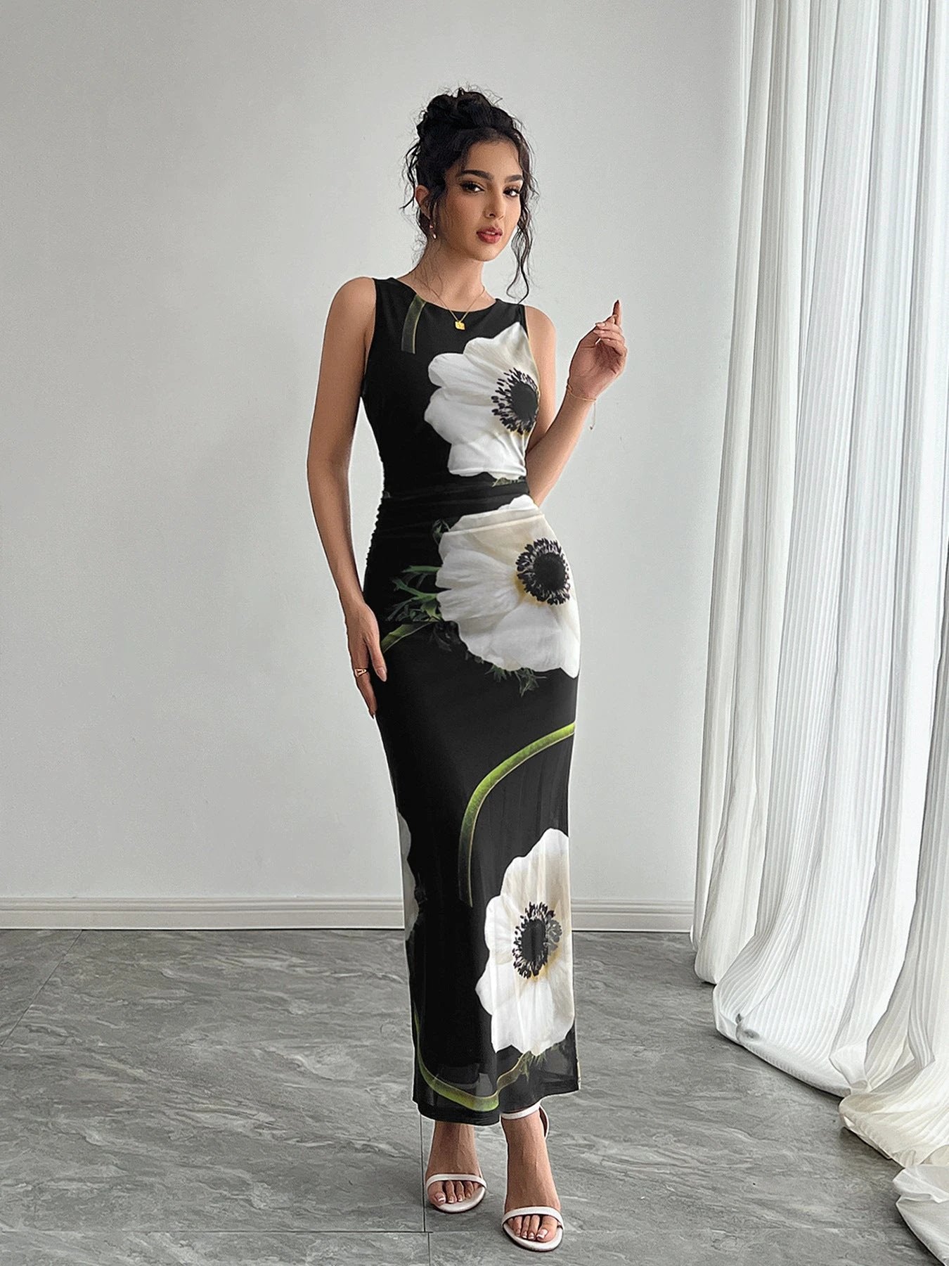 Women's Black Mesh Floral Print Sleeveless Dress Long Dress