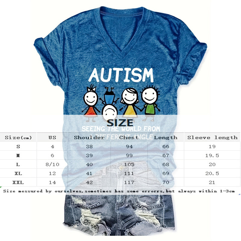 Camiseta con cuello de pico con estampado de letras "AUTISMO" y niños de dibujos animados