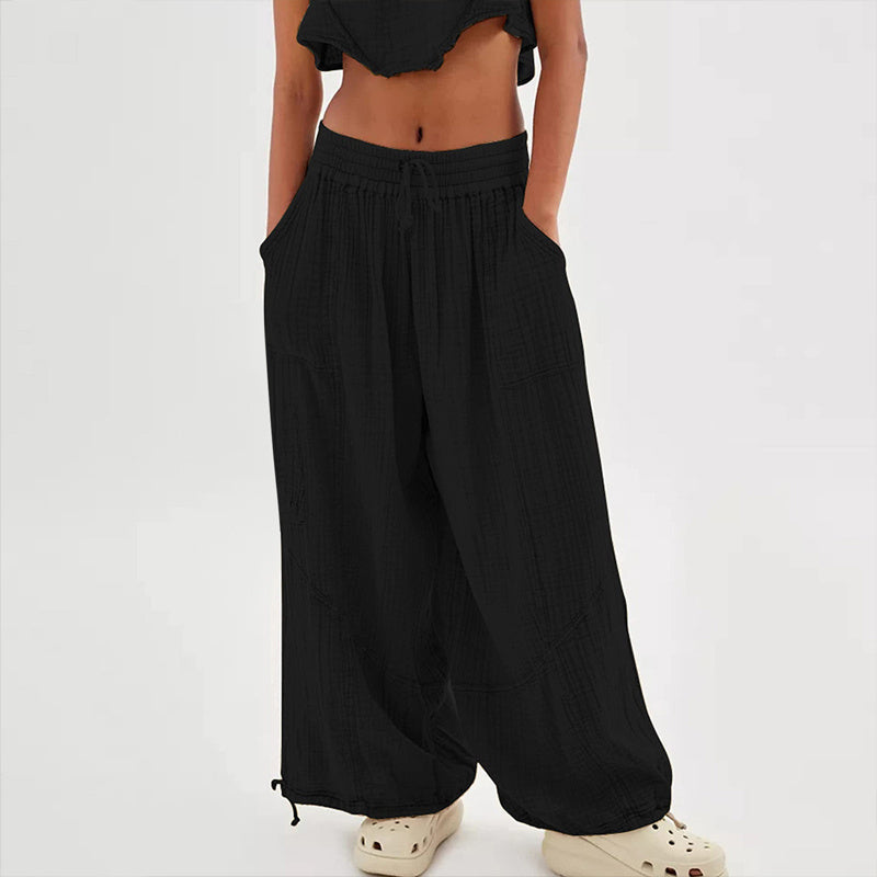 Pantalones de pernera ancha de color liso para mujer – Cintura elástica con cordón y bolsillos laterales