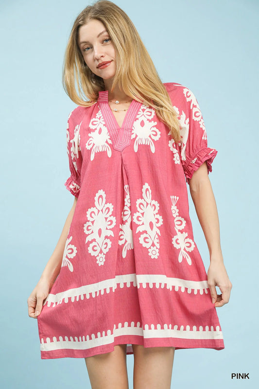 Umgee Two Tone Border Print Mini Dress in Pink
