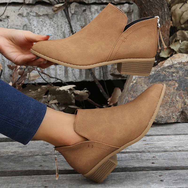 Women's Chunky Heel Zipper Back Ankle Boots