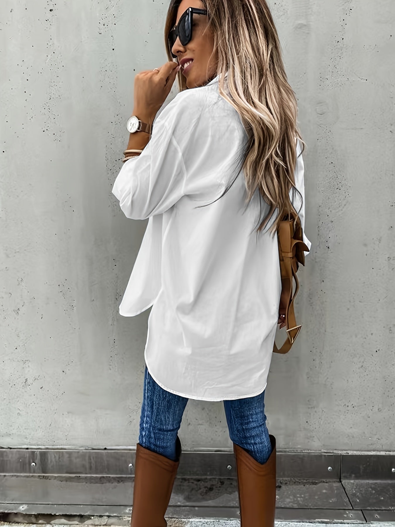 Camisa de manga larga informal para mujer con bolsillo
