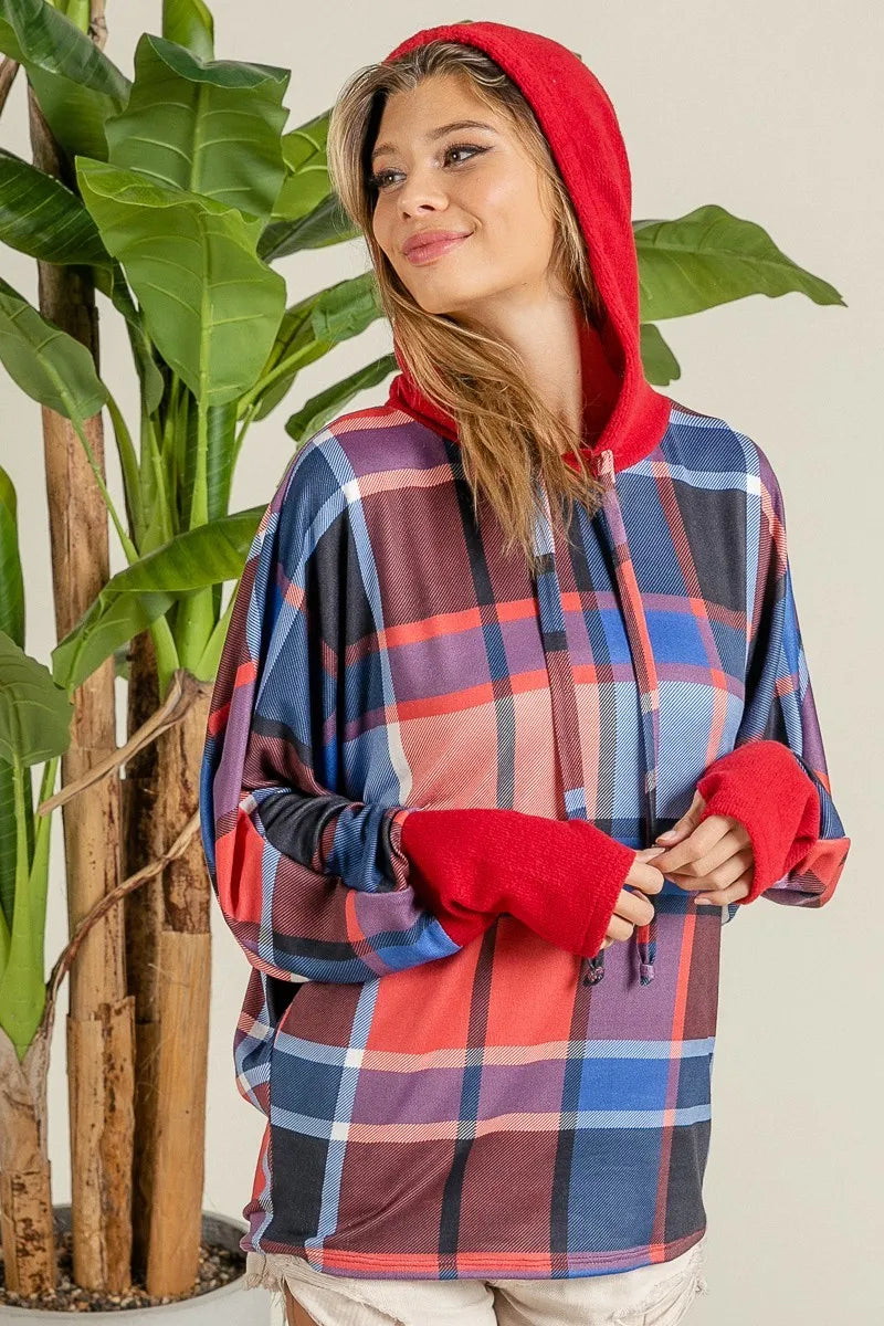 Plaid Mirr Brushed Rib Contrast Thumb Open Hoodie