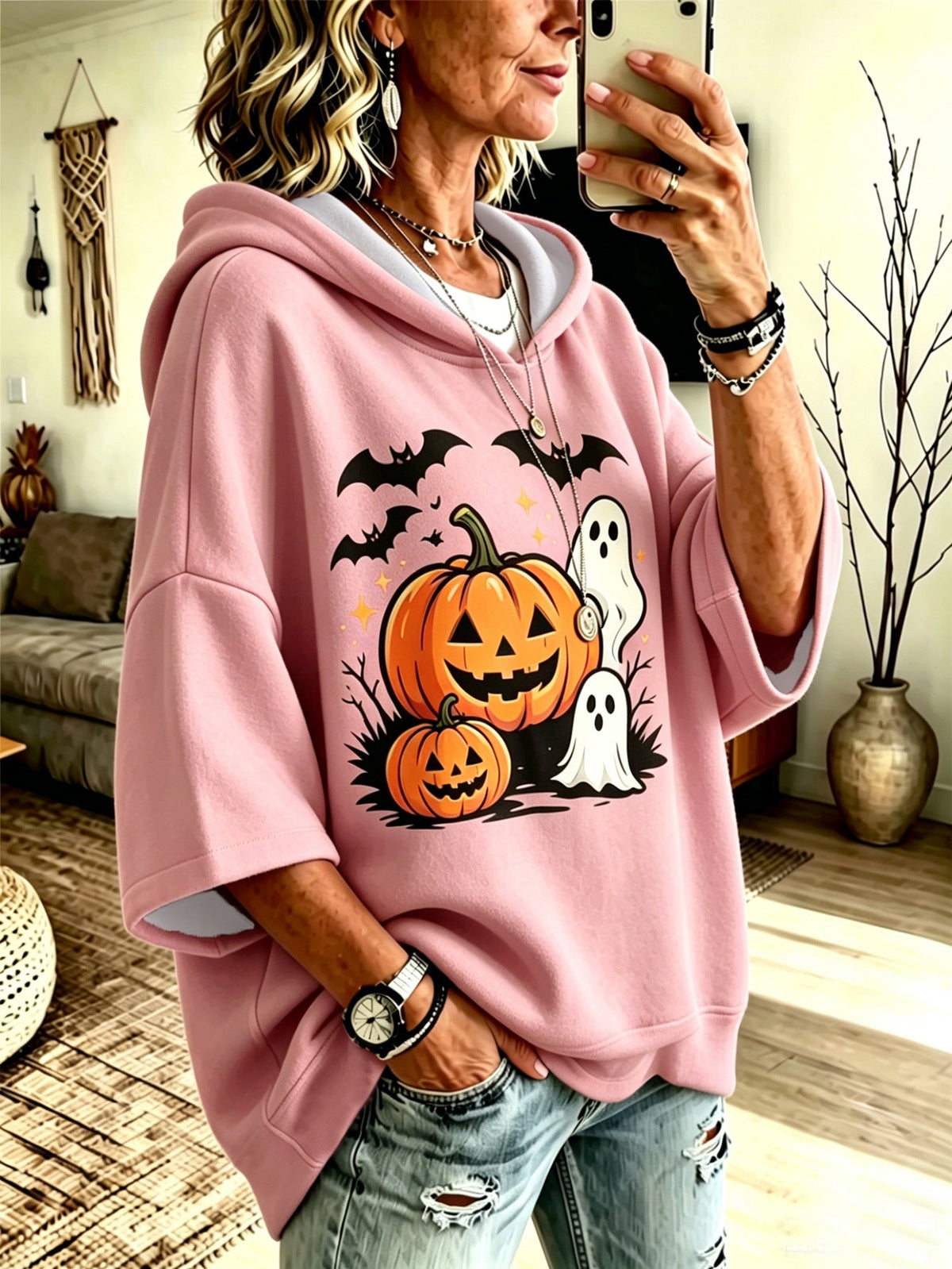 Digital-print Halloween Casual Loose-fit Hooded Sweatshirt
