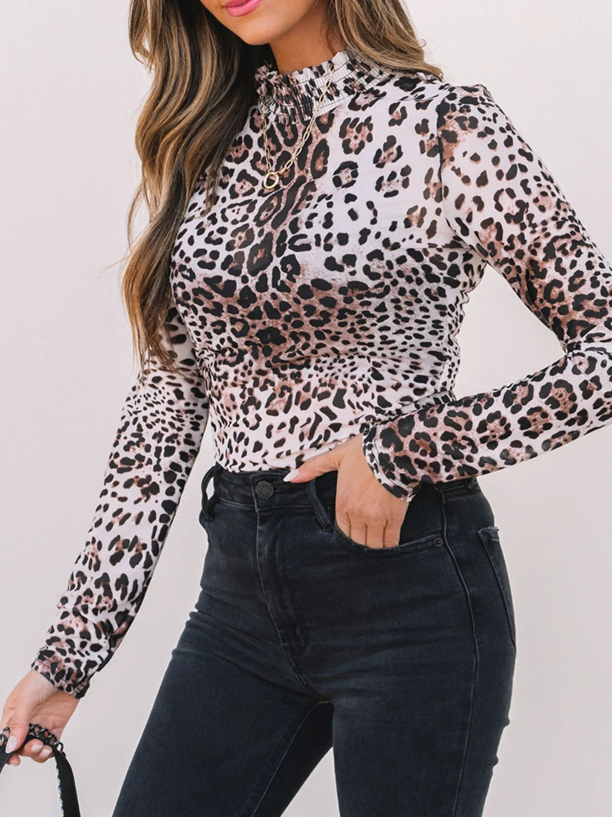 Leopard Print Long Sleeve Mock Neck Bodysuit
