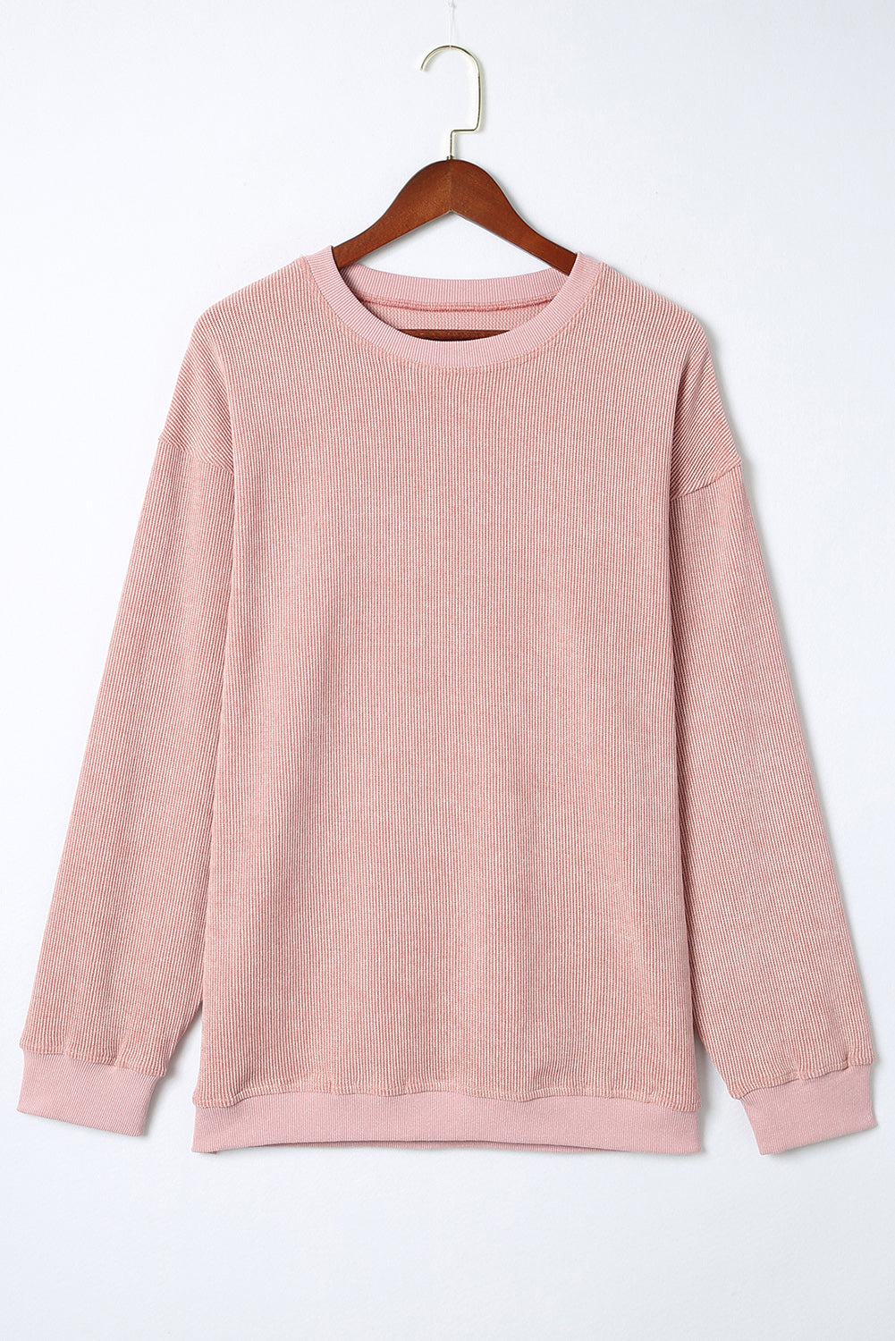 Sudadera Rosa Sólida de Punto Acanalado y Cuello Redondo