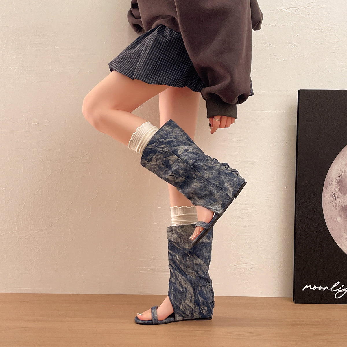Women Slouch Washed Denim Open Toe Long Boots, Lace Trim Side Buttons Y2K Hidden Wedge Tall Sandal Booties