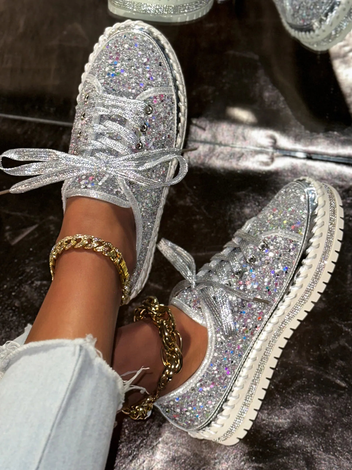 Metallic PU Leather Lace Up Platform Sneakers
