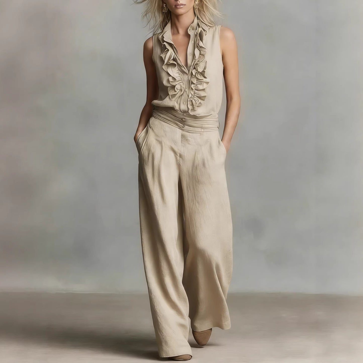 Conjunto de dos piezas de lino para mujer – Camisa sin mangas y pantalones de pernera ancha