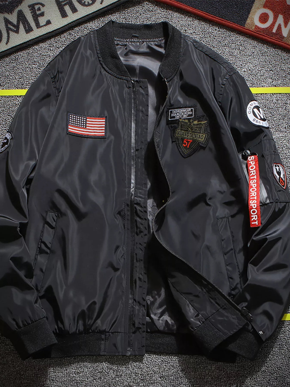 Men's Plus Size Military-Inspired Patched Bomber Jacket