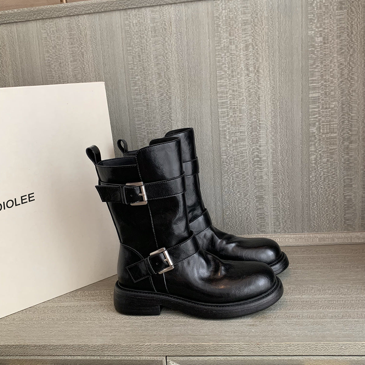 Womens Chunky-soled Equestrian Boots With Double Buckles And A Side Zipper