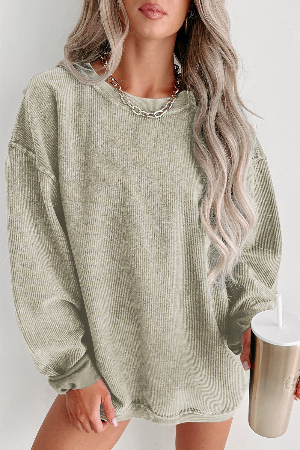 Sudadera Rosa Sólida de Punto Acanalado y Cuello Redondo