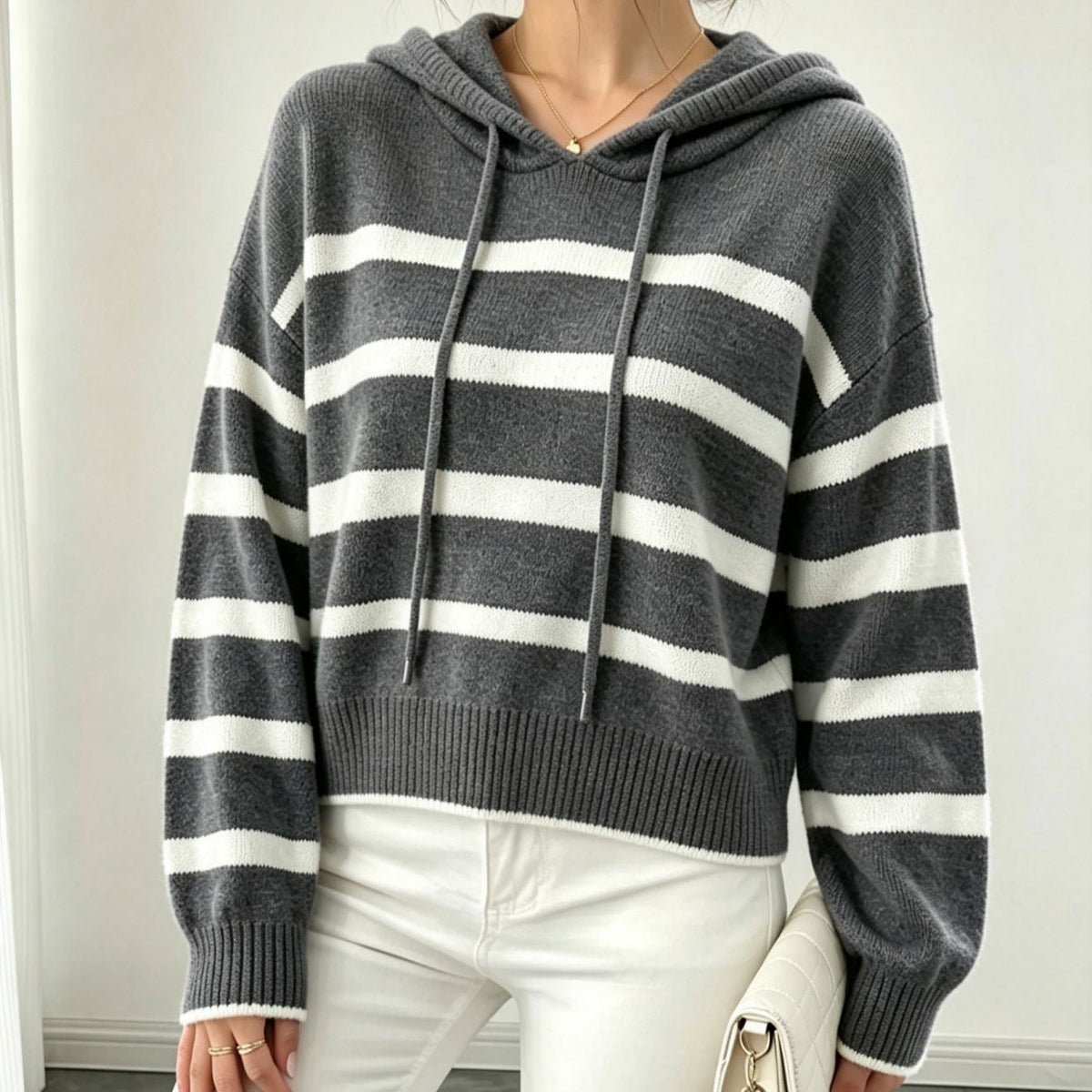 Womens Striped Knitted Hooded Pullover Sweater