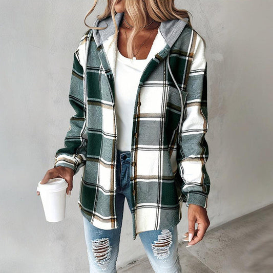 Chaqueta con capucha y cuadros para mujer, manga larga y bolsillo