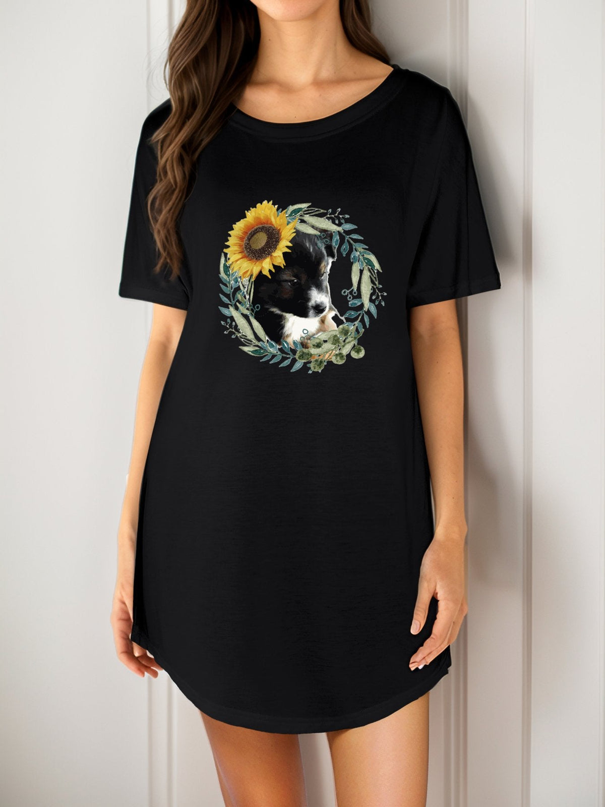 Cute Black Puppy Casual Summer Short T-Shirt Dress (Front Printing)