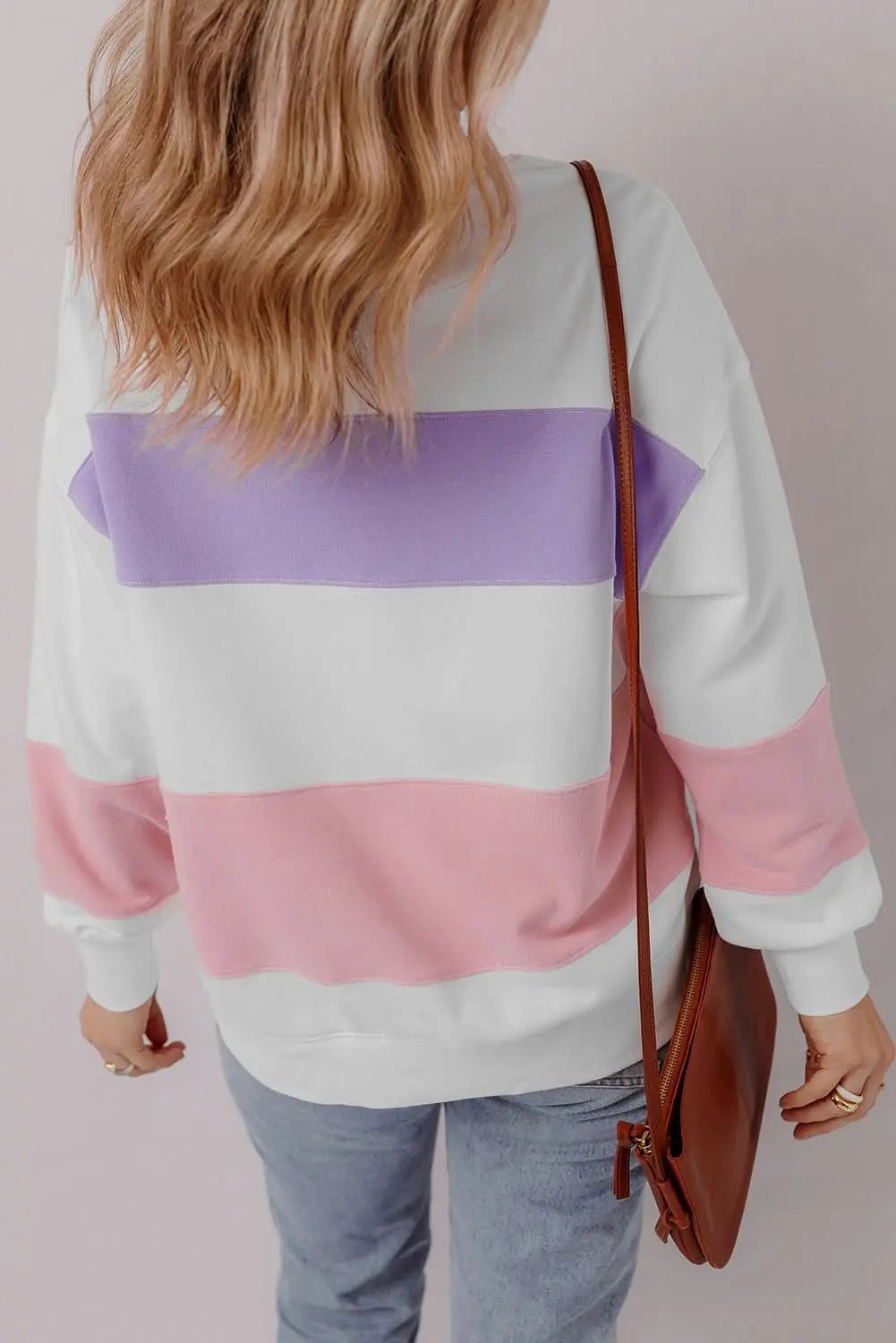 Love Salve Beige Colorblock Patchwork Drop Shoulder Crewneck