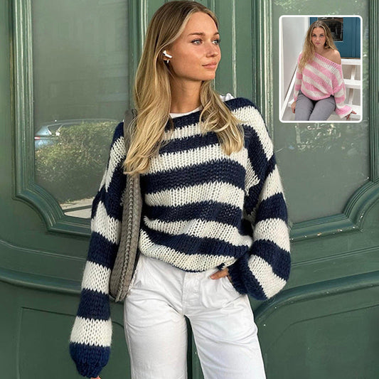 Suéter Holgado de Rayas Tipo Jersey a la Moda, Versátil, de Manga Larga, Tejido para Mujer, Ropa. Ver tabla de tallas en "más detalles"