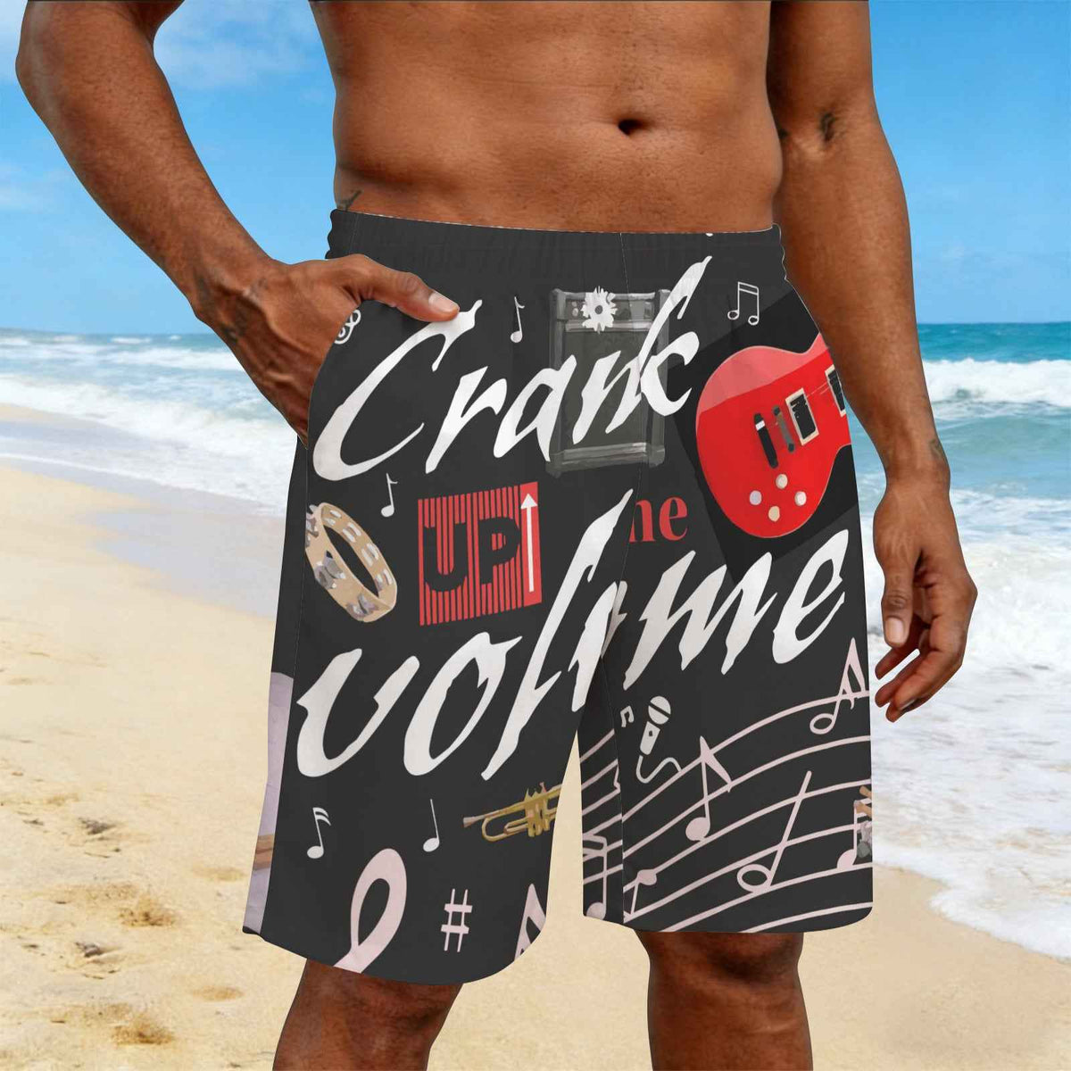 Crank Up the Volume Men's All Over Print Elastic Beach Shorts