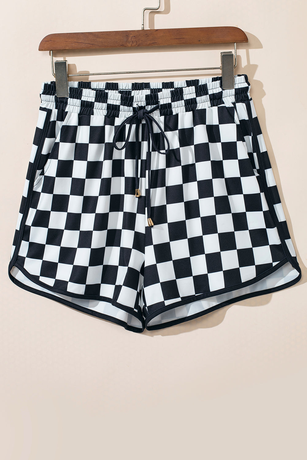 Pantalones cortos casuales a cuadros negros con cordón y cintura elástica