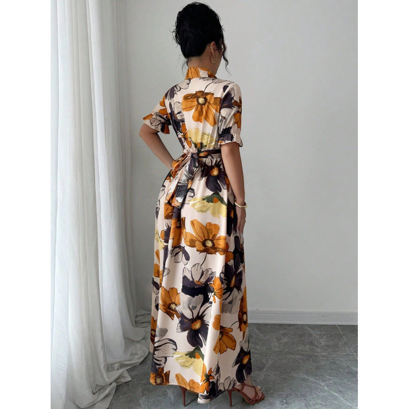 Vestido estampado de mujer con mangas abullonadas – Estilo con cuello de blusa y lazo en la cintura