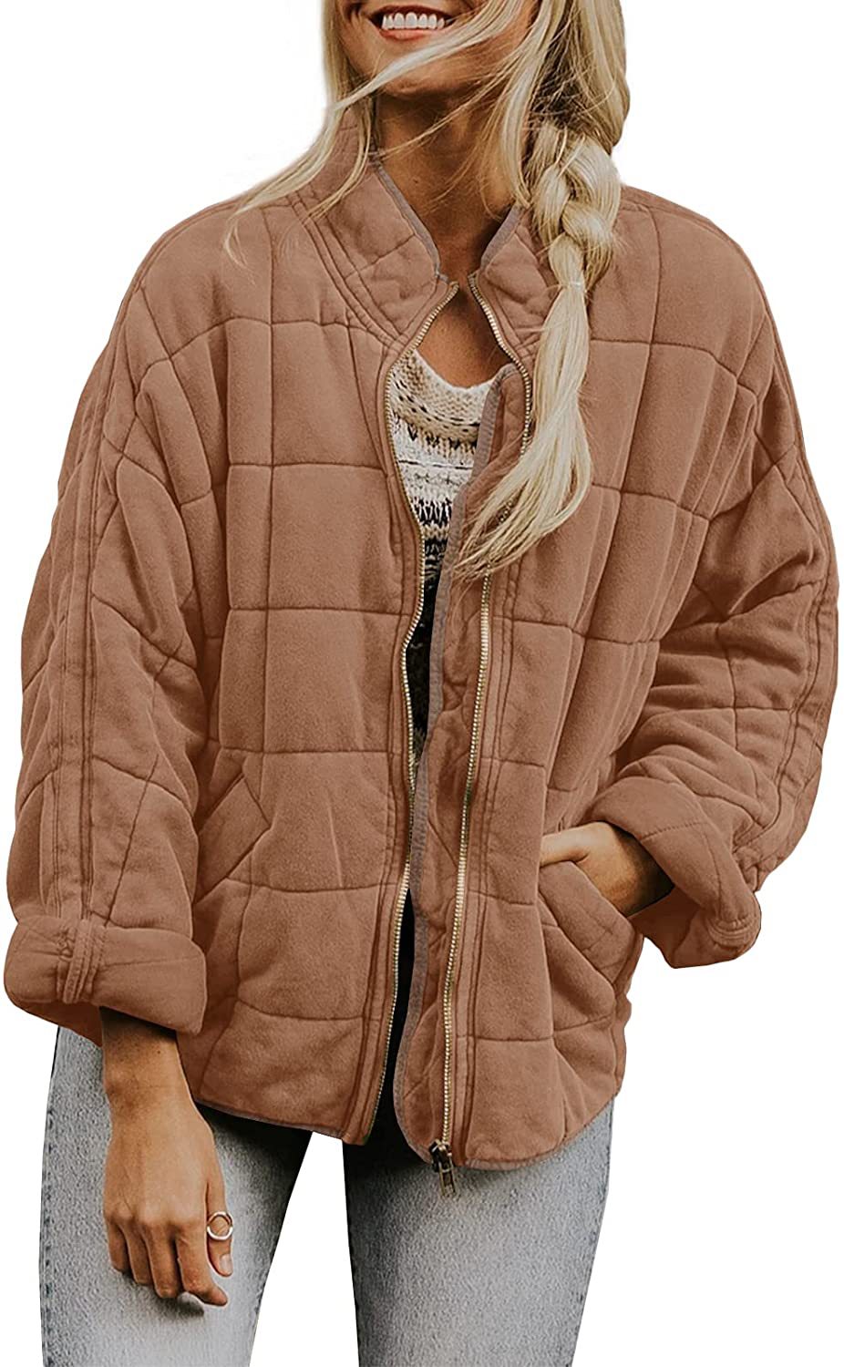 Winter Zip-up Stand Collar Coat With Pockets Fashion Solid Color Plaid Long Sleeved Jacket Women's Clothing
