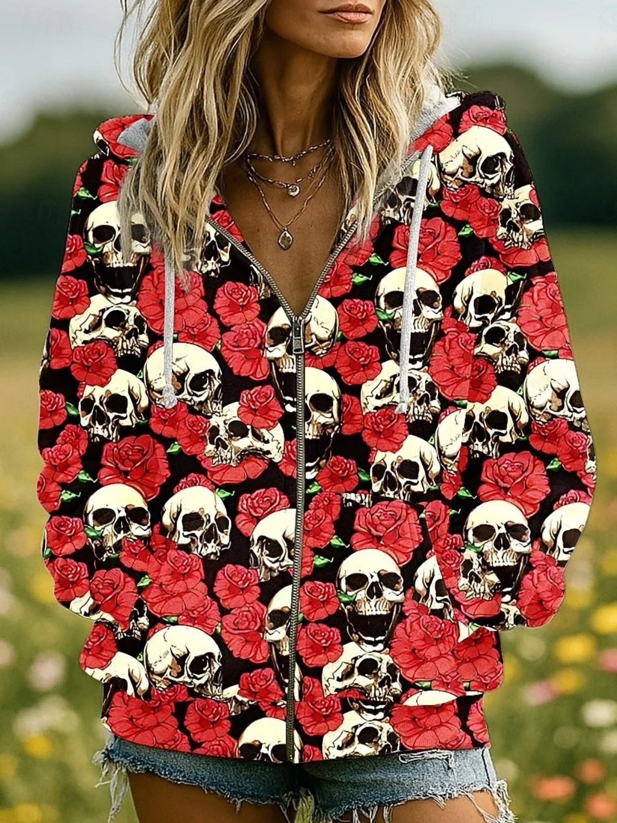 European And American Style Halloween Hooded Cardigan Women's Top Creative Skull Floral Wing Print Ladies Zip-Up Jacket