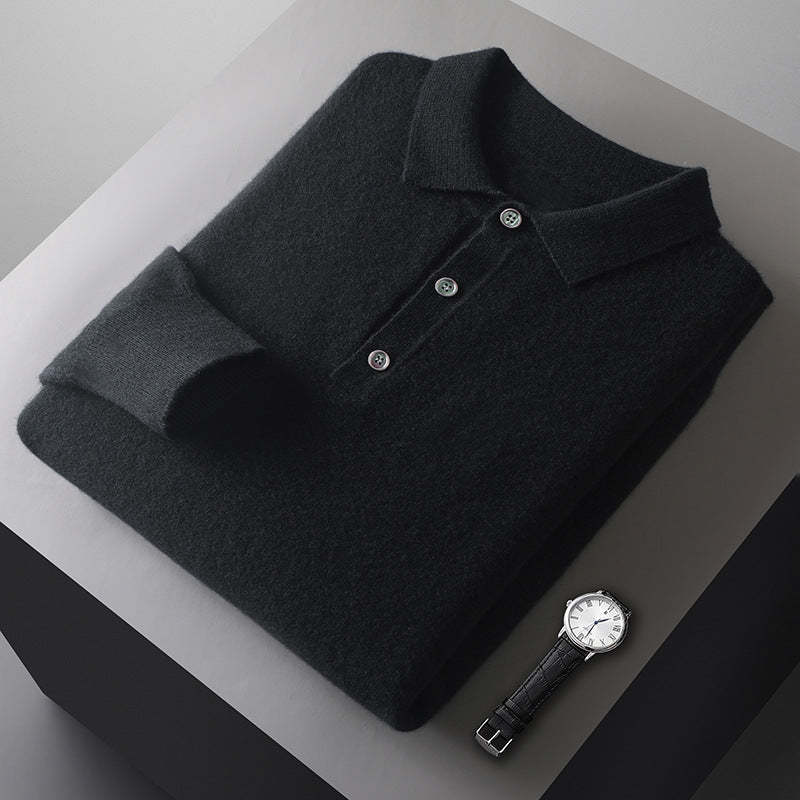 Mens Solid-Color Long-Sleeve All-Wool Polo-Neck Sweater