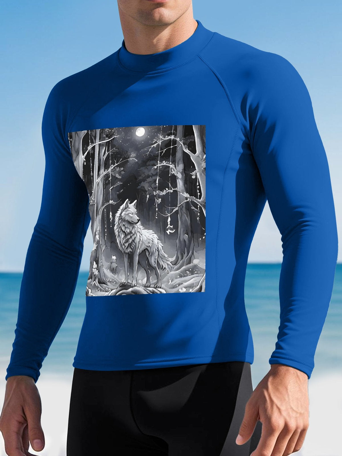Ethereal Wolf in the Moonlight Men's Long-Sleeve Surfing Top (Front Printing)