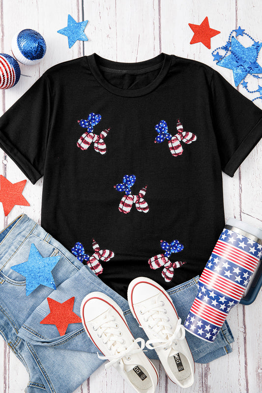 Camiseta de cuello redondo con gráfico de cachorro de globo con lentejuelas patrióticas negras
