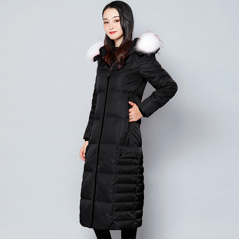 Hooded Padded Jacket with Fur Collar and Color Block